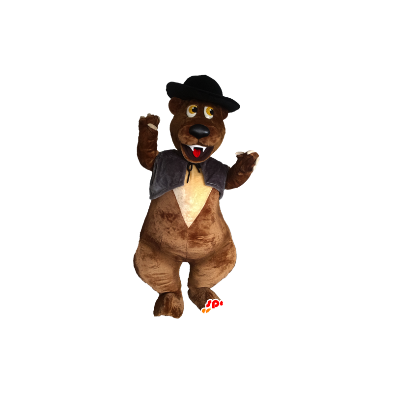 De mascota de oso pardo con un chaleco y un sombrero - MASFR032880 - Oso mascota