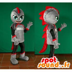 Grå och röd dinosaurrobotmaskot, futuristisk - Spotsound maskot