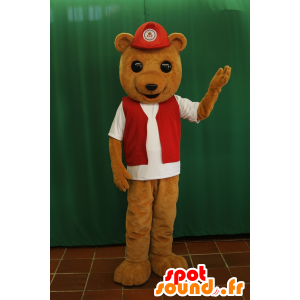 De mascota de oso pardo con un chaleco y una gorra roja - MASFR032883 - Oso mascota