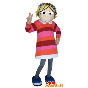 Blonde girl mascot dressed in a striped dress - MASFR032888 - Mascots boys and girls