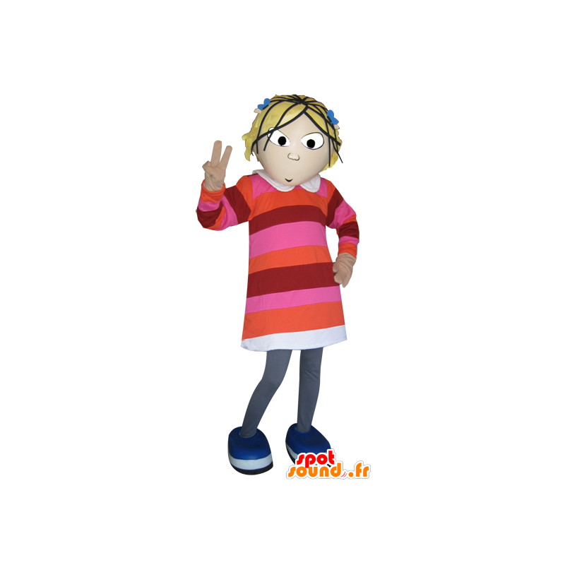 Blonde girl mascot dressed in a striped dress - MASFR032888 - Mascots boys and girls