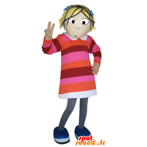 Mascotte de fille blonde habillée d'une robe à rayures - MASFR032888 - Mascottes Garçons et Filles