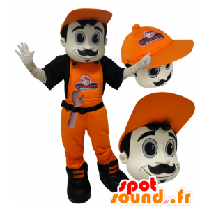 Maskotman i overaller och orange mössa. - Spotsound maskot