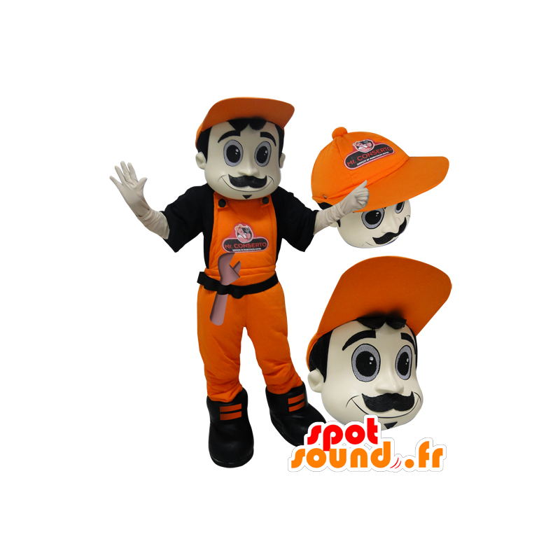 Mascotte d'homme en salopette et casquette orange. - MASFR032889 - Mascottes Homme