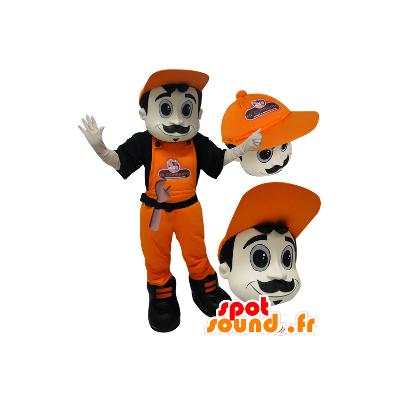 Homem mascote de macacão e boné laranja de beisebol. - MASFR032889 - Mascotes homem