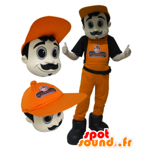 Maskot muž v montérkách a oranžové baseballové čepice. - MASFR032889 - Man Maskoti