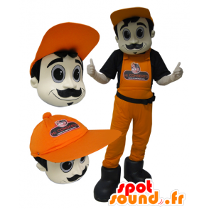 Homem mascote de macacão e boné laranja de beisebol. - MASFR032889 - Mascotes homem