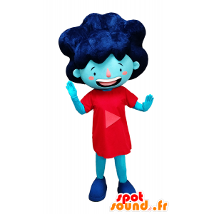 Maskotblå pige i rød kjole og stort hår - Spotsound maskot