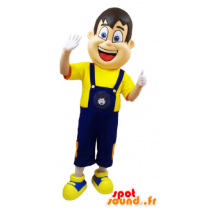 Maskotman i blå overaller och gul t-shirt - Spotsound maskot