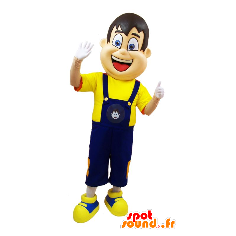 Maskotman i blå overaller och gul t-shirt - Spotsound maskot