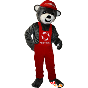 Gray Teddy Mascot overall en rode dop - MASFR032910 - Bear Mascot