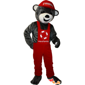 Mascotte de nounours gris en salopette et casquette rouges - MASFR032910 - Mascotte d'ours