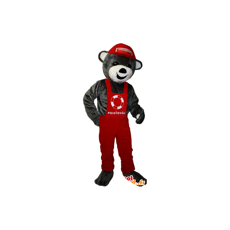 Gray teddy mascot overalls and red cap - MASFR032910 - Bear mascot