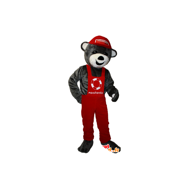 Mascotte de nounours gris en salopette et casquette rouges - MASFR032910 - Mascotte d'ours