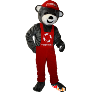 Mascotte de nounours gris en salopette et casquette rouges - MASFR032910 - Mascotte d'ours