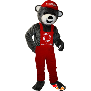 Grå nallebjörnmaskot i röd overall och mössa - Spotsound maskot