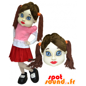 Brunette meisje met mascotte, gekleed in een rok quilts - MASFR032918 - Mascottes Boys and Girls