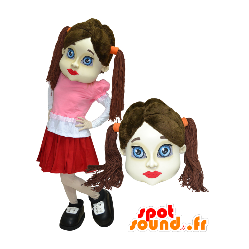 Mascotte de fillette brune avec des couettes habillée d'une jupe - MASFR032918 - Mascottes Garçons et Filles