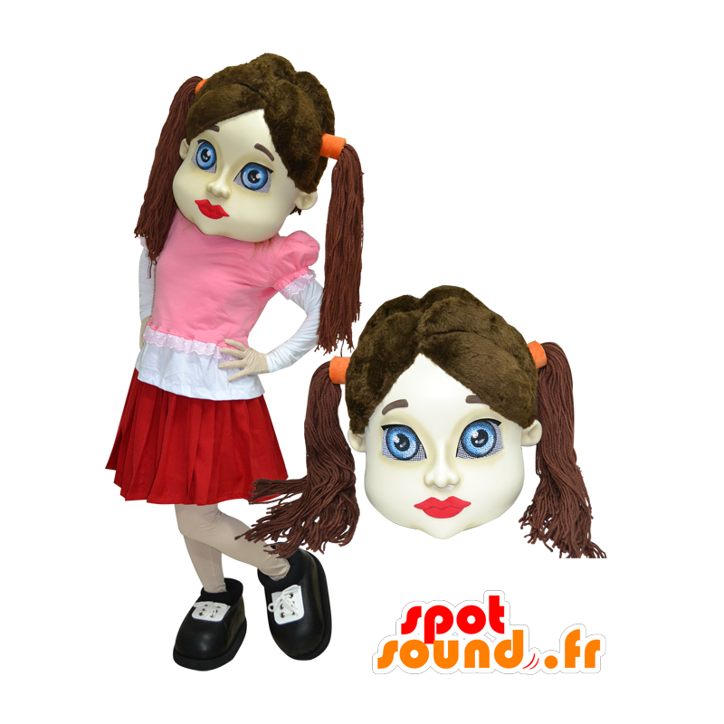 Brunette meisje met mascotte, gekleed in een rok quilts - MASFR032918 - Mascottes Boys and Girls