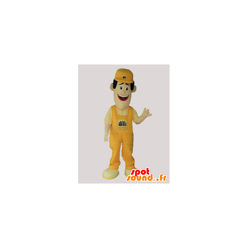 Homem mascote de macacão e boné amarelo - MASFR032923 - Mascotes homem