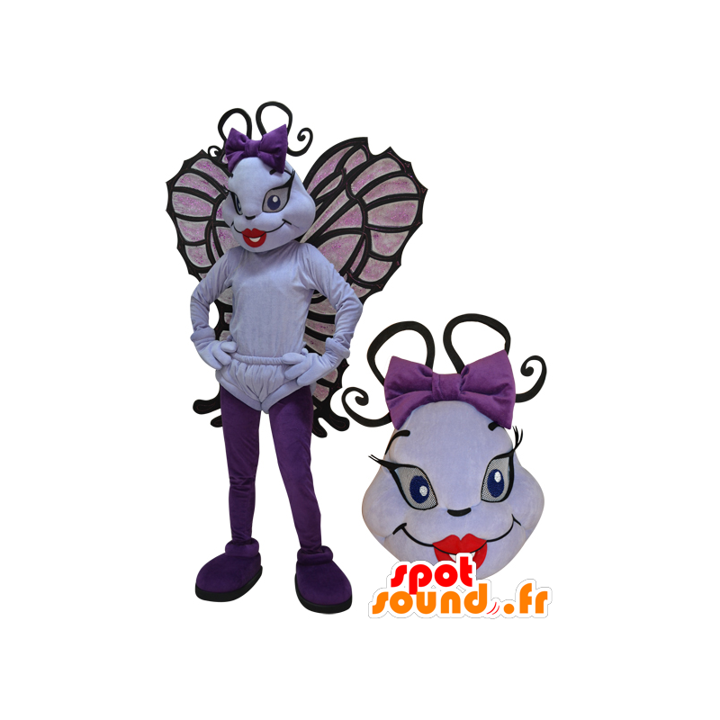 Mascot vliegend insect, witte en paarse vlinder - MASFR032958 - mascottes Insect