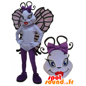 Mascot vliegend insect, witte en paarse vlinder - MASFR032958 - mascottes Insect