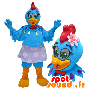 Mascota de gallina, gallo azul y amarillo con una cresta roja - MASFR032959 - Mascota de gallinas pollo gallo