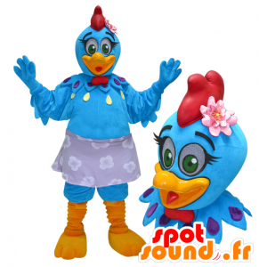 Mascotte de poule, de coq bleu et jaune avec une crète rouge - MASFR032959 - Mascotte de Poules - Coqs - Poulets