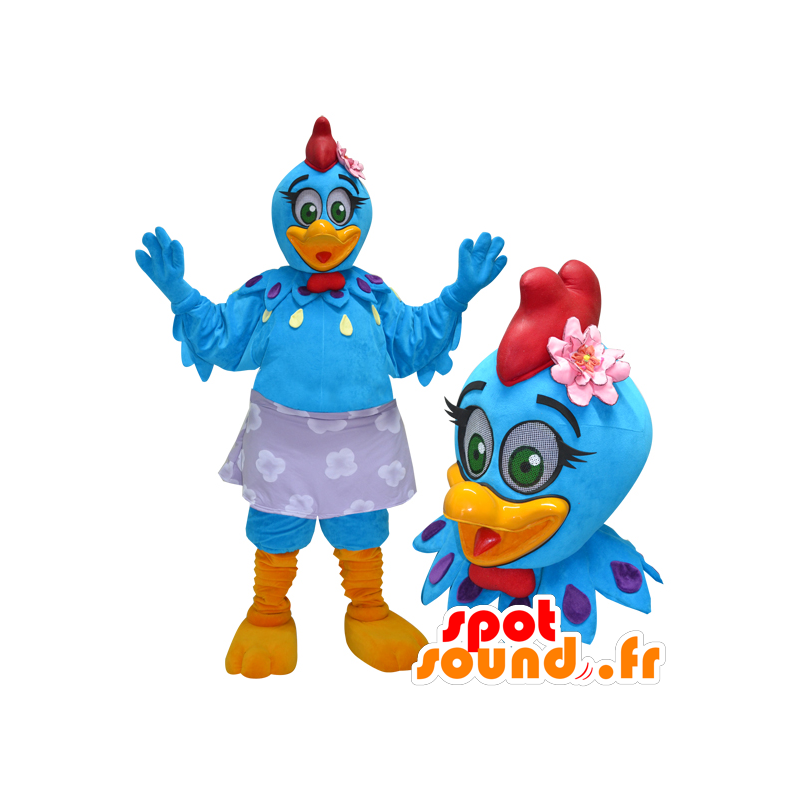 Henne Maskottchen, blau und gelb Hahn mit einer roten Haube - MASFR032959 - Maskottchen der Hennen huhn Hahn