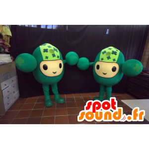 2 maskotar av alla gröna, roliga figurer - Spotsound maskot