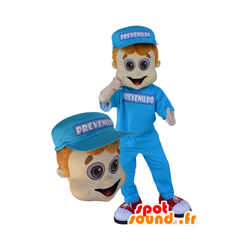 Jovem mascote vestida de azul com um tampão - MASFR032970 - Mascotes homem