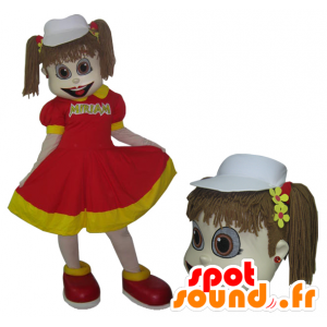 Mascotte de petite fille en robe rouge et jaune avec des couettes - MASFR032979 - Mascottes Garçons et Filles