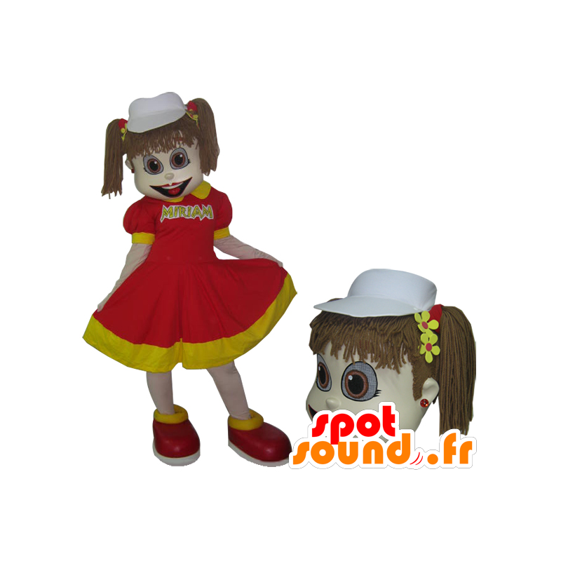 Lille pige maskot i rød og gul kjole med dyner - Spotsound