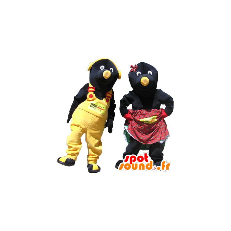 2 mascots couple of black and yellow moles - MASFR032980 - Animals of the forest