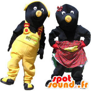 2 maskotter, par sorte og gule muldvarper - Spotsound maskot