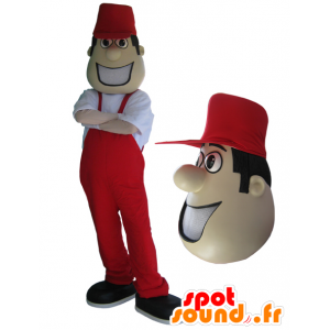 Mascotte d'homme en salopette et casquette rouges. - MASFR032982 - Mascottes Homme