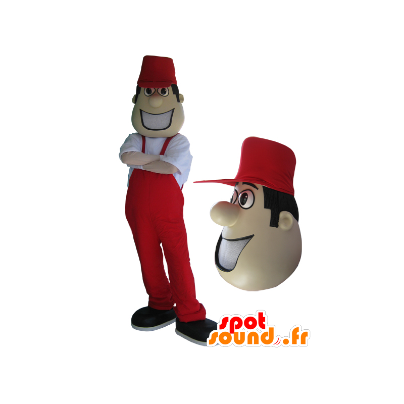 Maskotman i röd overall och mössa. - Spotsound maskot