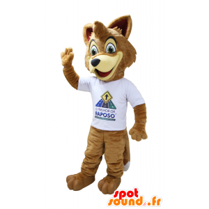 Lysebrun ræv maskot, beige med en hvid t-shirt - Spotsound