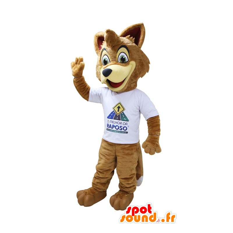 Lysebrun ræv maskot, beige med en hvid t-shirt - Spotsound Lysebrun ræv maskot, beige med en hvid t-shirt - Spotsound