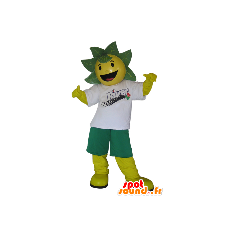 Mascotte de bonhomme jaune et vert avec des feuilles sur la tête - MASFR032987 - Mascottes de plantes