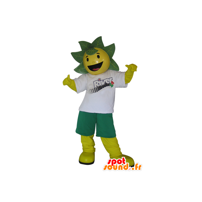 Yellow and green man mascot with leaves on head - MASFR032987 - Mascots of plants
