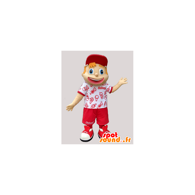 Mascotte de jeune garçon en tenue de vacancier rouge et blanche - MASFR032990 - Mascottes Garçons et Filles