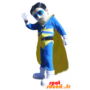 Maskotka superbohaterem Vigilante niebieski i żółty strój