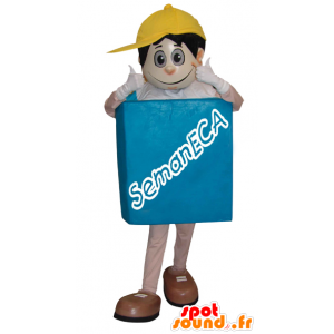 Snowman mascot with a square body and a yellow cap - MASFR033004 - Human mascots