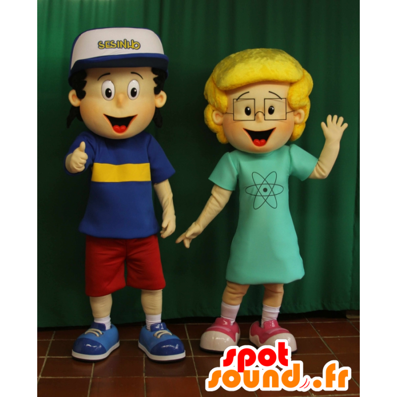 2 mascotes, um menino de marrom pequeno e uma menina loira - MASFR033006 - Mascotes Boys and Girls