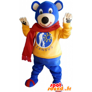 Blå björnmaskot som bär en röd halsduk - Spotsound maskot