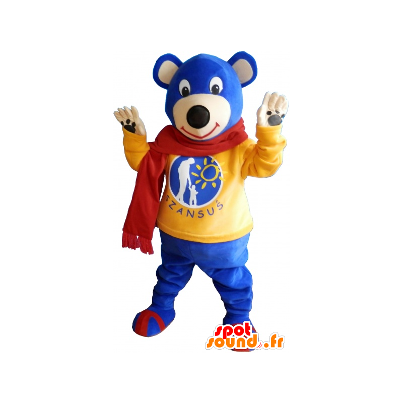 Blue Bear mascotte indossa una sciarpa rossa - MASFR033020 - Mascotte orso