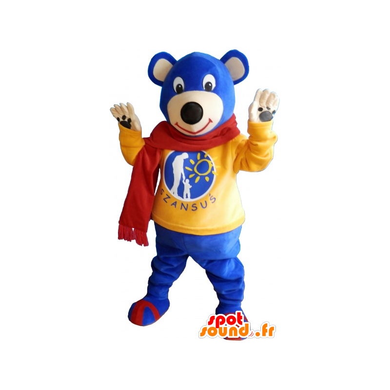 Blue bear mascot wearing a red scarf - MASFR033020 - Bear mascot