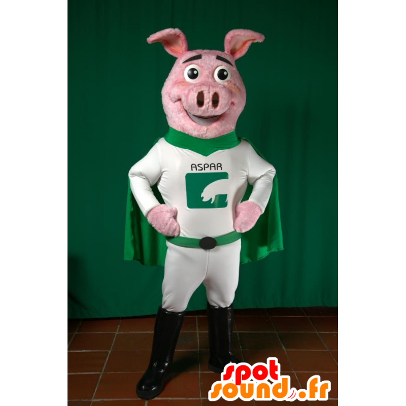 Świnia maskotka ubrana w zielone i białe superbohatera - MASFR033026 - Maskotki świnia