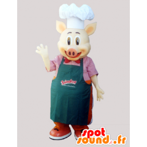 Chefe mascote cozinheiro porco com um avental e chapéu de chef - MASFR033027 - mascotes porco
